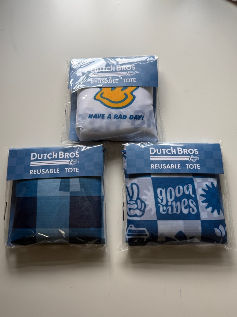 Dutch Bros Reusable Tote Set - Blue, White & Yellow (totes sold individually)